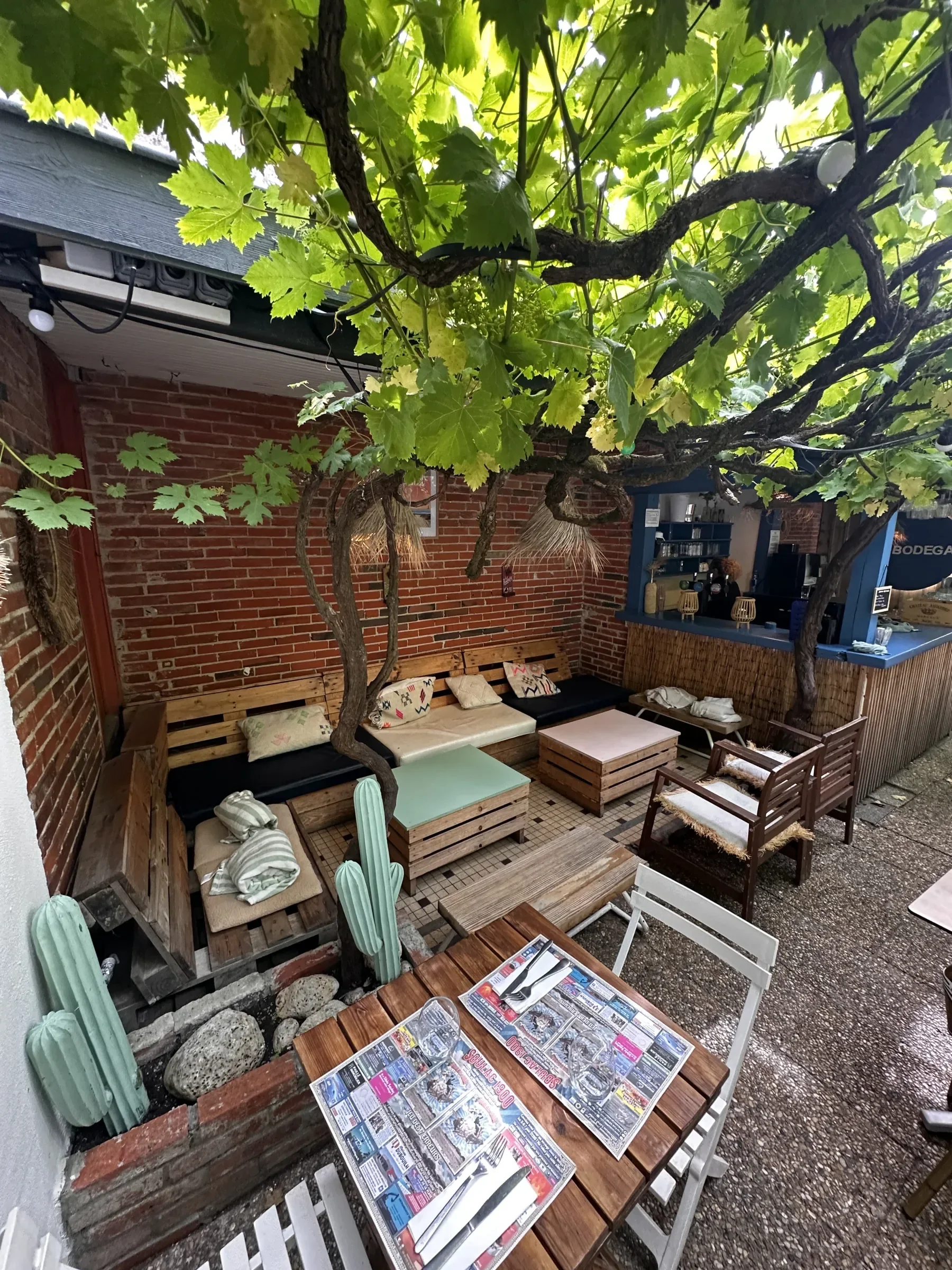 Le coin canapé cosy — banquette en palettes, coussins lin, petits cactus terracotta