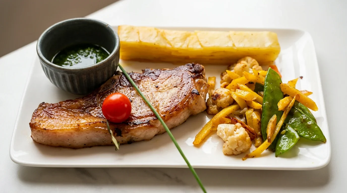 Côte de porc grillée, légumes du marché, frites moelleuses et sauce verte