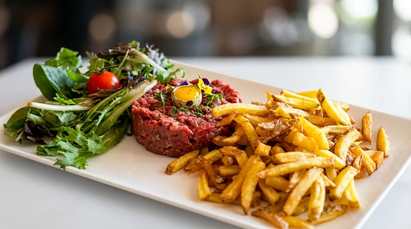 Tartare de bœuf, salade mesclun et grosse pile de frites maison