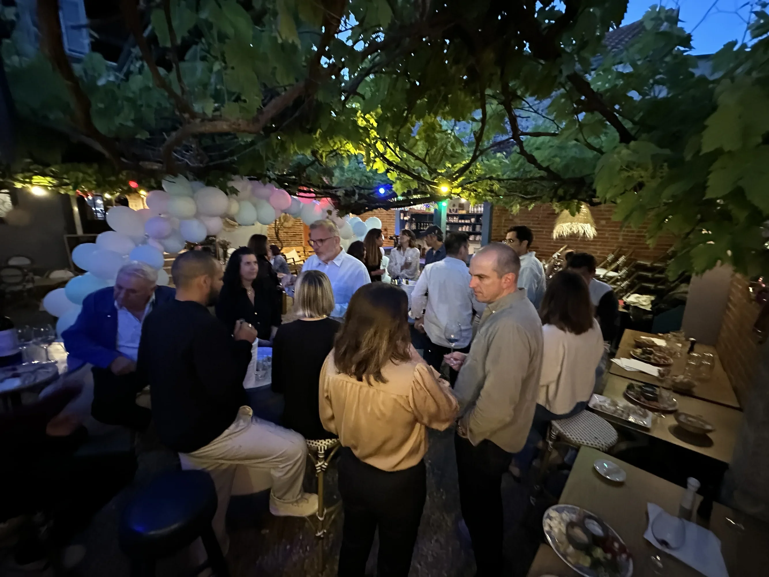 Soirée privée à la tombée de la nuit — guirlandes allumées, invités au bar